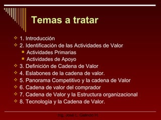 Temas a tratar
 1. Introducción
 2. Identificación de las Actividades de Valor

Actividades Primarias
 Actividades de Apoyo
3. Definición de Cadena de Valor
4. Eslabones de la cadena de valor.
5. Panorama Competitivo y la cadena de Valor
6. Cadena de valor del comprador
7. Cadena de Valor y la Estructura organizacional
8. Tecnología y la Cadena de Valor.









Ing. José L. Galindo H.

 
