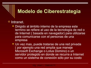 Modelo de Ciberestrategia
 Intranet.




Dirigido al ámbito interno de la empresa este
termino se refiere al uso de la tecnología de red o
de Internet ( basada en navegador) para utilizarse
para comunicarse con el personas de una
empresa
Un vez mas, puede tratarse de una red privada
( por ejemplo una red amplia que maneje
Microsoft Exchange o Lotus Domino) o un
servidor protegido en donde se recurra a Internet
como un sistema de conexión sólo por su costo
Ing. José L. Galindo H.

 