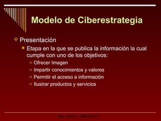 Modelo de Ciberestrategia
 Presentación


Etapa en la que se publica la información la cual
cumple con uno de los objetivos:
Ofrecer Imagen
o Impartir conocimientos y valores
o Permitir el acceso a información
o Ilustrar productos y servicios
o

Ing. José L. Galindo H.

 