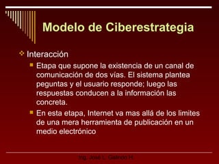 Modelo de Ciberestrategia
 Interacción




Etapa que supone la existencia de un canal de
comunicación de dos vías. El sistema plantea
peguntas y el usuario responde; luego las
respuestas conducen a la información las
concreta.
En esta etapa, Internet va mas allá de los limites
de una mera herramienta de publicación en un
medio electrónico
Ing. José L. Galindo H.

 