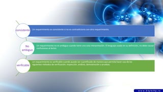 Un requerimiento es consistente si no es contradictorio con otro requerimiento.
Un requerimiento no es ambiguo cuando tiene una sola interpretación. El lenguaje usado en su definición, no debe causar
confusiones al lector.
Un requerimiento es verificable cuando puede ser cuantificado de manera que permita hacer uso de los
siguientes métodos de verificación: inspección, análisis, demostración o pruebas.
consistente
No
ambiguo
verificable
 
