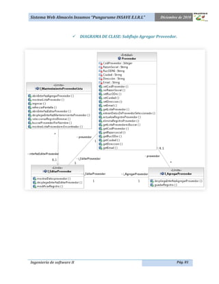 Sistema Web Almacén Insumos “Pungurume INSAVE E.I.R.L”          Diciembre de 2010



                         DIAGRAMA DE CLASE: Subflujo Agregar Proveedor.




Ingeniería de software II                                                Pág. 81
 