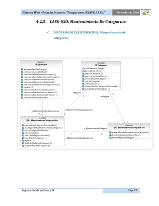 Sistema Web Almacén Insumos “Pungurume INSAVE E.I.R.L”         Diciembre de 2010


           4.2.5. CASO USO: Mantenimiento De Categorías:

                       DIAGRAMA DE CLASE PRINCIPAL: Mantenimiento de
                        Categorias.




Ingeniería de software II                                               Pág. 91
 