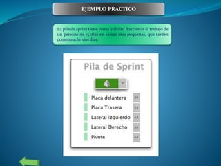 La pila de sprint tiene como utilidad fraccionar el trabajo de
un periodo de 15 días en tareas mas pequeñas, que tarden
como mucho dos días.
EJEMPLO PRACTICO
 