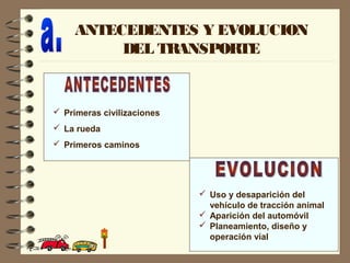 ANTECEDENTES Y EVOLUCION
DEL TRANSPORTE
 Primeras civilizaciones
 La rueda
 Primeros caminos
 Uso y desaparición del
vehículo de tracción animal
 Aparición del automóvil
 Planeamiento, diseño y
operación vial
 