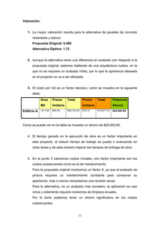 11
Valoración:
1. La mayor valoración resulta para la alternativa de paredes de concreto
resanadas y estuco:
Propuesta Original: 0.496
Alternativa Óptima: 1.72
2. Aunque la alternativa tiene una diferencia en acabado con respecto a la
propuesta original, estamos hablando de una arquitectura rustica, en la
que no se requiere un acabado nítido, por lo que la apariencia deseada
en el proyecto no va a ser afectada.
3. El costo por m2 es un factor decisivo, como se muestra en la siguiente
tabla:
Área
M2
Precio
Unitario
Total Precio
Unitario
Total Potencial
Ahorro
Edificio A 1011.00 $40.30 $40,743.30 $10.70 $10,817.70 $29,925.60
Como se puede ver en la tabla se muestra un ahorro de $29,925.60.
4. El tiempo ganado en la ejecución de obra es un factor importante en
este proyecto, al reducir tiempo de trabajo se puede ir avanzando en
otras áreas y de esta manera mejorar los tiempos de entrega de obra.
5. En el punto 3 valoramos costos iniciales, otro factor importante son los
costos subsecuentes como es el de mantenimiento:
Para la propuesta original mostramos un factor 8, ya que el acabado de
pintura requiere un mantenimiento constante para conservar su
apariencia, más o menos necesitamos una revisión anual.
Para la alternativa, es un acabado mas duradero, la aplicación es casi
única y solamente requiere revisiones de limpieza anuales.
Por lo tanto podemos tener un ahorro significativo en los costos
subsecuentes.
 