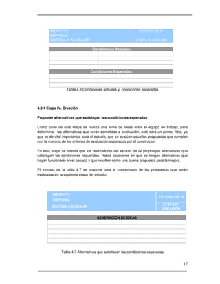 _____________________________________________________________________
17
Tabla 4.6 Condiciones actuales y condiciones esperadas
4.2.4 Etapa IV. Creación
Proponer alternativas que satisfagan las condiciones esperadas
Como parte de esta etapa se realiza una lluvia de ideas entre el equipo de trabajo, para
determinar las alternativas que serán sometidas a evaluación, este será un primer filtro, ya
que es de vital importancia para el estudio, que se evalúen aquellas propuestas que cumplan
con la mayoría de los criterios de evaluación esperados por el constructor.
En esta etapa se intenta que los realizadores del estudio de IV propongan alternativas que
satisfagan las condiciones requeridas. Habrá ocasiones en que se tengan alternativas que
hayan funcionado en el pasado y que resulten como una buena propuesta para la mejora.
El formato de la tabla 4.7 se propone para el concentrado de las propuestas que serán
evaluadas en la siguiente etapa del estudio.
Tabla 4.7 Alternativas que satisfacen las condiciones esperadas
ESTUDIO DE IV
ETAPA III. ANÁLISIS
Condiciones Esperadas
Condiciones Actuales
PROYECTO:
EMPRESA:
SISTEMA A AEVALUAR:
PROYETO:
EMPRESA:
SISTEMA A EVALUAR:
ETAPA IV.
CREACIÓN
ESTUDIO DE IV
GENERACIÓN DE IDEAS
 
