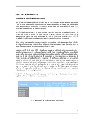 _____________________________________________________________________
23
4.2.6 ETAPA VI. DESARROLLO
Desarrollar la solución viable del estudio.
Una de las actividades siguientes, una vez que se han evaluado cada una de las alternativas
y que se tiene la calificación total recibida por cada una de ellas, es realizar una comparación
entre las alternativas propuestas y el sistema actual, para ello se empleará la tabla (4.12
Desempeño de cada una de las alternativas.).
La información contenida en la tabla reflejará el puntaje obtenido por cada alternativa y lo
comparará contra el actual, de esta manera se proporcionará información referente al
porcentaje de mejora de cada alternativa, el cual se determina tomando como 100% la
tecnología de edificación actual y se compara contra las alternativas propuestas.
De la misma manera se hace una comparativa en cuanto al costo y se proporciona el índice
de valor definido como el cociente de la calificación total recibida por cada alternativa entre su
costo. Se determina así un porcentaje de mejora en costo.
La columna (1) de la tabla 4.12 indica la tecnología de edificación utilizada actualmente, y
las alternativas que serán evaluadas; la columna (2) total indica la calificación obtenida por
cada una las alternativas producto de la suma de cada una de las calificaciones asignadas a
cada uno de los criterios,: la columna (3) porcentaje de mejora se refiere al porcentaje de
mejora obtenido por cada alternativa respecto a la calificación obtenida por la tecnología
actual, la columna (4) costo total, se refiere al costo de cada una de las alternativas en
estudio, el índice de valor columna(5) se determina mediante una relación entre la calificación
obtenida por cada alternativa la cual se obtuvo de acuerdo a los requerimientos cumplidos,
respecto al costo de cada alternativa y finalmente la columna (6), % de mejora del índice del
valor se define como la relación entre el índice de valor de cada alternativa con respecto al
índice de valor de la tecnología actual.
La decisión final sobre la alternativa ganadora la dará el equipo de trabajo, esto a criterio y
según la calificación obtenida en la evaluación.
4.12 Desempeño de cada una de las alternativas
 