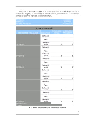 _____________________________________________________________________
24
Enseguida se desarrolla una tabla en la cual se demuestra la medida de desempeño de
la alternativa elegida y se compara con la alternativa actual, esta información se concentra el
formato de tabla 4.13 propuesto en esta metodología.
4.13 Medida de desempeño de la alternativa ganadora
 
