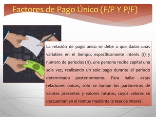Factores de Pago Único (F/P Y P/F)
La relación de pago único se debe a que dadas unas
variables en el tiempo, específicamente interés (i) y
número de periodos (n), una persona recibe capital una
sola vez, realizando un solo pago durante el periodo
determinado posteriormente. Para hallar estas
relaciones únicas, sólo se toman los parámetros de
valores presentes y valores futuros, cuyos valores se
descuentan en el tiempo mediante la tasa de interés
 