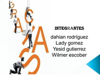 Integrantes

dahian rodríguez
  Lady gomez
 Yesid gutierrez
Wilmer escober
 