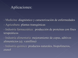 - Medicina:  diagnóstico y caracterización de enfermedades - Agricultura:  plantas transgénicas - Industria farmaceútica:  producción de proteínas con fines terapeúticos - Industria alimentaria:  mejoramiento de cepas, aditivos alimenticios (ej. vainillina) - Industria química:  productos naturales, biopolímeros, etanol Aplicaciones: 