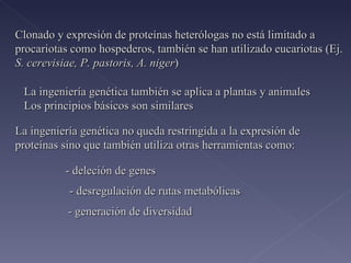 Clonado y expresión de proteínas heterólogas no está limitado a procariotas como hospederos, también se han utilizado eucariotas (Ej.  S. cerevisiae, P. pastoris, A. niger ) La ingeniería genética no queda restringida a la expresión de proteínas sino que también utiliza otras herramientas como: - deleción de genes - desregulación de rutas metabólicas - generación de diversidad La ingeniería genética también se aplica a plantas y animales  Los principios básicos son similares  