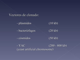 Vectores de clonado: - plásmidos  (10 kb) - bacteriófagos (20 kb) - cósmidos (50 kb) - YAC  (200 - 800 kb) (yeast artificial chromosome) 
