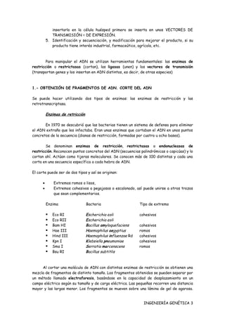 insertarlo en la célula huésped primero se inserta en unos VECTORES DE
             TRANSMISIÓN = DE EXPRESIÓN.
          5. Identificación y secuenciación, y modificación para mejorar el producto, si su
             producto tiene interés industrial, farmaceútico, agrícola, etc.



        Para manipular el ADN se utilizan herramientas fundamentales: las enzimas de
restricción o restrictasas (cortan), las ligasas (unen) y los vectores de transmisión
(transportan genes y los insertan en ADN distintos, es decir, de otras especies)



1.- OBTENCIÓN DE FRAGMENTOS DE ADN. CORTE DEL ADN

Se puede hacer utilizando dos tipos de enzimas: las enzimas de restricción y las
retrotranscriptasa.

          Enzimas de retricción

       En 1970 se descubrió que las bacterias tienen un sistema de defensa para eliminar
el ADN extraño que les infectaba. Eran unas enzimas que cortaban el ADN en unos puntos
concretos de la secuencia (dianas de restricción, formadas por cuatro u ocho bases).

        Se denominan enzimas de restricción, restrictasas o endonucleasas de
restricción. Reconocen puntos concretos del ADN (secuencias palindrómicas o capicúas) y lo
cortan ahí. Actúan como tijeras moleculares. Se conocen más de 100 distintas y cada una
corta en una secuencia específica a cada hebra de ADN.

El corte puede ser de dos tipos y así se originan:

      •       Extremos romos o lisos,
      •       Extremos cohesivos o pegajosos o escalonado, así puede unirse a otros trozos
              que sean complementarios.

          Enzima                  Bacteria                    Tipo de extremo

             Eco RI              Escherichia coli            cohesivos
             Eco RII             Escherichia coli
             Bam HI              Bacillus amyloquefaciens    cohesivos
             Hae III             Haemophilus aegyptius       romos
             Hind III            Haemophilus influenzae Rd   cohesivos
             Kpn I               Klebsiella pneumoniae       cohesivos
             Sma I               Serratia marcenscens        romos
             Bsu RI              Bacillus subtitlis



     Al cortar una molécula de ADN con distintas enzimas de restricción se obtienen una
mezcla de fragmentos de distinto tamaño. Los fragmentos obtenidos se pueden separar por
un método llamado electroforesis, basándose en la capacidad de desplazamiento en un
campo eléctrico según su tamaño y de carga eléctrica. Las pequeñas recorren una distancia
mayor y las largas menor. Los fragmentos se mueven sobre una lámina de gel de agarosa.


                                                                INGENIERÍA GENÉTICA 3
 