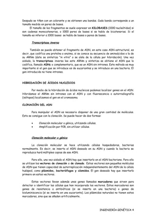 Después se tiñen con un colorante y se obtienen una bandas. Cada banda corresponde a un
tamaño medido en pares de bases.
     El tamaño de los fragmentos se suele expresar en KILOBASES (1000 nucleótidos) si
son cadenas monocatenarias, o 1000 pares de bases si se habla de bicatenarias. Si el
tamaño es inferior a 1000 bases se habla de bases o pares de bases.

       Transcriptasa inversa

      También se puede obtener el fragmento de ADN, en este caso ADN estructural, es
decir, que codifica una proteína o enzima, si se conoce su secuencia de aminoácidos o la de
su ARNm (éste se sintetiza “in vitro” o se aísla de la célula por hibridación). Una vez
aislado, la transcriptasa inversa lee este ARNm y sintetiza se obtiene el ADN que lo
codifica, llamado ADNc o complementario, que es un ADN sin intrones. Este método es muy
importante si el gen que se introduce es de eucariontes y se introduce en una bacteria. El
gen introducido no tiene intrones.



HIBRIDACIÓN DE ÁCIDOS NUCLEICOS

        Por medio de la hibridación de ácidos nucleicos podemos localizar genes en el ADN.
Hibridamos el ARNm sin intrones con el ADN y con fluorescencia o autorradiografía
(isótopos) localizamos el gen en el cromosoma.

CLONACIÓN DEL ADN

       Para manipular el ADN es necesario disponer de una gran cantidad de moléculas.
Esto se consigue con la clonación. Se puede hacer de dos formas:

       •     Clonación molecular o génica, utilizando células.
       •     Amplificación por PCR, sin utilizar células.



       Clonación molecular o génica

       La clonación molecular se hace utilizando células hospedadoras, bacterias
normalmente. Es decir, se inserta el ADN deseado en su ADN y cuando la bacteria se
reproduzca hará múltiples copias de ese ADN.

         Para ello, una vez aislado el ADN hay que insertarlo en el ADN bacteriano. Para ello
se utilizan los vectores de clonación o de clonado. Estos vectores son pequeños moléculas
de ADN que tienen capacidad de autorreplicación independientemente del ADN de la célula
huésped, como plásmidos, bacteriófagos y cósmidos. El gen deseado hay que insertarlo
primero en estos vectores.

        Estos vectores llevan además unos genes llamados marcadores que sirven para
detectar o identificar las células que han incorporado los vectores. Estos marcadores son
genes de resistencia a antibióticos (si se inserta en una bacteria) o genes de
bioluminiscencia (si se inserta en una eucarionte). Los plásmidos naturales no tienen estos
marcadores, sino que se añaden artificialmente.




                                                                 INGENIERÍA GENÉTICA 4
 