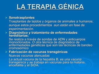 Xenotrasplantes Trasplantes de tejidos y órganos de animales a humanos, aunque estos procedimientos  aun están en fase de experimentación.  Diagnóstico y tratamiento de enfermedades hereditarias;  Se realiza a través de sondas de ADN y anticuerpos monoclonados. O otra técnica de diagnóstico de enfermedades genéticas que son las técnicas de bandeo cromosómico Fabricación de vacunas transgénicas Nuevas vacunas atenuadas La actual vacuna de la hepatitis B, es una vacuna transgénica y se trabaja en vacunas para la malaria, encefalitis y el SIDA. LA TERAPIA GÉNICA 