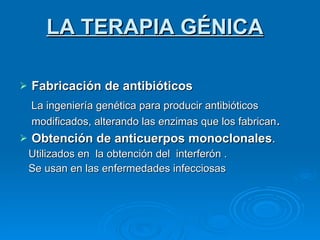 Fabricación de antibióticos La ingeniería genética para producir antibióticos modificados, alterando las enzimas que los fabrican . Obtención de anticuerpos monoclonales . Utilizados en  la obtención del  interferón . Se usan en las enfermedades infecciosas LA TERAPIA GÉNICA 