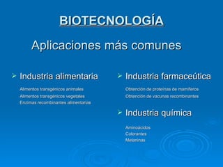 BIOTECNOLOGÍA Aplicaciones más comunes Industria alimentaria Alimentos transgénicos animales Alimentos transgénicos vegetales Enzimas recombinantes alimentarias Industria farmaceútica Obtención de proteínas de mamíferos Obtención de vacunas recombinantes Industria química Aminoácidos Colorantes Melaninas 