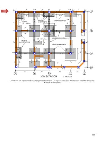 100
100
Cimentación con zapata conectada del proyecto de tres niveles. Las vigas de conexión se deben colocar em ambas direcciones.
A manera de malla o red.
 