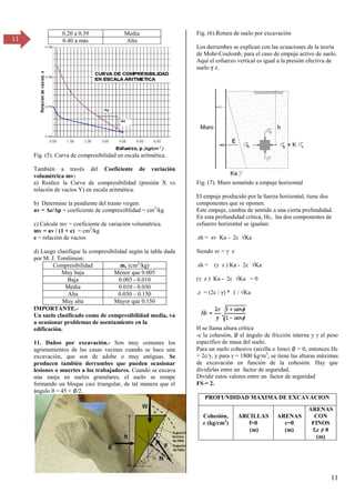 11
11
0.20 a 0.39 Media
0.40 a más Alta
Fig. (5). Curva de compresibilidad en escala arítmética.
También a través del Coeficiente de variación
volumétrica mv:
a) Realice la Curva de compresibilidad (presión X vs
relación de vacíos Y) en escala aritmética.
b) Determine la pendiente del tramo virgen:
av = Δe/Δp = coeficiente de compresiiblidad = cm2
/kg
c) Calcule mv = coeficiente de variación volumétrica.
mv = av / (1 + e) = cm2
/kg
e = relación de vacíos
d) Luego clasifique la compresibilidad según la tabla dada
por M. J. Tomlinson:
Compresibilidad mv (cm2
/kg)
Muy baja Menor que 0.005
Baja 0.005 - 0.010
Media 0.010 - 0.030
Alta 0.030 – 0.150
Muy alta Mayor que 0.150
IMPORTANTE.-
Un suelo clasificado como de compresibilidad media, va
a ocasionar problemas de asentamiento en la
edificación.
11. Daños por excavación.- Son muy comunes los
agrietamientos de las casas vecinas cuando se hace una
excavación, que son de adobe o muy antiguas. Se
producen también derrumbes que pueden ocasionar
lesiones o muertes a los trabajadores. Cuando se excava
una zanja en suelos granulares, el suelo se rompe
formando un bloque casi triangular, de tal manera que el
ángulo θ = 45 + ∅/2.
Fig. (6).Rotura de suelo por excavación
Los derrumbes se explican con las ecuaciones de la teoría
de Mohr-Coulomb, para el caso de empuje activo de suelo.
Aquí el esfuerzo vertical es igual a la presión efectiva de
suelo z.
Fig. (7). Muro sometido a empuje horizontal
El empuje producido por la fuerza horizontal, tiene dos
componentes que se oponen.
Este empuje, cambia de sentido a una cierta profundidad.
En esta profundidad crítica, Hc, las dos componentes de
esfuerzo horizontal se igualan:
.sh = sv Ka - βc √Ka
Siendo sv = z
.sh = ( z ) Ka - βc √Ka
( z ) Ka - βc √Ka = 0
.z = (2c / ) * 1 / √Ka
H se llama altura crítica
-c la cohesión, ∅ el ángulo de fricción interna y el peso
específico de masa del suelo.
Para un suelo cohesivo (arcilla o limo) ∅ = 0, entonces Hc
= βc/ , y para = 1800 kg/m3
, se tiene las alturas máximas
de excavación en función de la cohesión. Hay que
dividirlas entre un factor de seguridad.
Dividir estos valores entre un factor de seguridad
FS = 2.
PROFUNDIDAD MAXIMA DE EXCAVACION
Cohesión,
c (kg/cm2
)
ARCILLAS
f=0
(m)
ARENAS
c=0
(m)
ARENAS
CON
FINOS
f,c ≠ 0
(m)
 