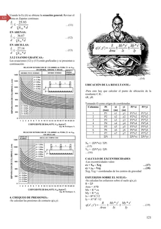 121
121
Usando la Ec.(6) se obtiene la ecuación general. Revisar el
tema en Zapatas continuas:
4
30 *
93
.
25
d
k
d
L
 …(11)
EN ARENAS:
4
30 *
67
.
36
d
k
d
L
 …(1β)
EN ARCILLAS:
4
30 *
14
.
27
d
k
d
L
 …(1γ)
3.3.2 USANDO GRAFICAS.-
Las ecuaciones (12) y (13) están graficadas y se presentan a
continuación:
4. CHEQUEO DE PRESIONES.-
-Se calculan las presiones de contacto q(x,y):
...(14)
UBICACIÓN DE LA RESULTANTE.-
-Para esto hay que calcular el punto de ubicación de la
resultante C.R.:
xR, yR:
Tomando O como origen de coordenadas
Columna Pi
(ton)
xi
(m)
yi
(m)
Pi*xi Pi*yi
1 P1 x1 .y1 P1*x1 P1*y1
2 P2 x2 .y2 P2*x2 P2*y2
3 P3 x3 .y3 P3*x3 P3*y3
4 P4 x4 .y4 P4*x4 P4*y4
5 P5 x5 .y5 P5*x5 P5*y5
6 P6 x6 .y6 P6*x6 P6*y6
7 P7 x7 .y7 P7*x7 P7*y7
ΣPi ΣPi*xi ΣPi*yi
XR = (ΣPi*xi) / ΣPi
...(15)
YR = (ΣPi*yi) / ΣPi
…(16)
CALCULO DE EXCENTRICIDADES
-Las excentricidades valen:
ex = XR – Xcg …(17)
ey = yR – Ycg …(18)
Xcg, Ycg = coordenadas de los centros de gravedad
ESFUERZOS SOBRE EL SUELO.-
-Se calculan los esfuerzos sobre el suelo q(x,y):
R = ΣP
Area = A*B
Mx = R * ex
My = R * ey
Ix = B*A3
/12
Iy = A* B3
/12
Iy
x
My
Ix
y
Mx
Area
R
y
x
q
'
*
'
*
)
'
,
'
( 

 …(19)
 