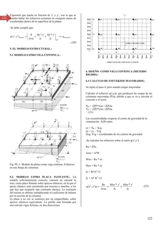 122
122
Expresión que queda en función de x’ e y’, con la que se
pueden hallar los esfuerzos actuantes en cualquier punto de
coordenadas dentro de la superficie de la platea.
-Se debe cumplir que:
admisible
máx
máximo q
Iy
x
My
Ix
y
Mx
Area
R
y
x
q 











'
*
'
*
)
'
,
'
(
…(β0)
5. EL MODELO ESTRUCTURAL.-
5.1 MODELO COMO VIGA CONTINUA.-
Fig. PL-1. Modelo de platea como viga continua. Esfuerzos
en una franja de columnas.
5.2. MODELO COMO PLACA FLOTANTE.- Un
modelo suficientemente correcto, consiste en calcular la
losa, como placa flotante sobre apoyos elásticos, en la que el
apoyo elástico está constituido por resortes o muelles, a los
que hay que asignarle una constante elástica. La constante
del resorte se obtiene multiplicando el coeficiente de balasto
por la sección de la columna.
La placa a su vez se sustituye por un emparrillado, sobre
apoyos elásticos equivalente. La parilla está formada por
una retícula vigas ficticias, en dos direcciones.
6. DISEÑO COMO VIGA CONTINUA (METODO
RIGIDO).-
6.1 CALCULO DE ESFUERZOS MAYORADOS.-
Se repite el paso 4, pero usando cargas mayoradas.
Calcular el esfuerzo q(x,y)u que producen las cargas de las
columnas mayoradas (Pi)u, debido a que se va a calcular el
concreto y el acero.
XR = (ΣPi*xi)u / (ΣPi)u
YR = (ΣPi*yi)u / (ΣPi)u
…(β1)
Las excentricidades respecto al centro de gravedad de la
cimentación AxB valen:
ex = XR – Xcg
ey = yR – Ycg
Xcg, Ycg = coordenadas de los centros de gravedad
-Se calculan los esfuerzos sobre el suelo q(x’,y’):
Ru = ΣPu
Area = A*B
Mxu = Ru * ex
Myu = Ru * ey
Ix = B*A3
/12
Iy = A* B3
/12
Iy
x
Myu
Ix
y
Mxu
Area
Ru
u
y
x
q
'
*
'
*
)
'
,
'
( 

 ...(22)
 