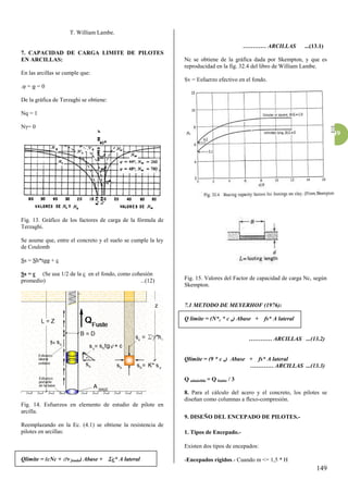 149
149
T. William Lambe.
7. CAPACIDAD DE CARGA LIMITE DE PILOTES
EN ARCILLAS:
En las arcillas se cumple que:
.φ = φ = 0
De la gráfica de Terzaghi se obtiene:
Nq = 1
N = 0
Fig. 13. Gráfico de los factores de carga de la fórmula de
Terzaghi.
Se asume que, entre el concreto y el suelo se cumple la ley
de Coulomb
Ss = Sh*tgφ + c
Ss = c (Se usa 1/2 de la c en el fondo, como cohesión
promedio) ...(12)
Fig. 14. Esfuerzos en elemento de estudio de pilote en
arcilla.
Reemplazando en la Ec. (4.1) se obtiene la resistencia de
pilotes en arcillas:
Qlímite = (cNc + sv fondo) Abase + Σc* A lateral
………… ARCILLAS ...(13.1)
Nc se obtiene de la gráfica dada por Skempton, y que es
reproducidad en la fig. 32.4 del libro de William Lambe.
Sv = Esfuerzo efectivo en el fondo.
Fig. 15. Valores del Factor de capacidad de carga Nc, según
Skempton.
7.1 METODO DE MEYERHOF (1976):
Q límite = (N*c * c u) Abase + fs* A lateral
………… ARCILLAS ...(13.2)
Qlímite = (9 * c u) Abase + fs* A lateral
………… ARCILLAS ...(13.3)
Q admisible = Q límite / 3
8. Para el cálculo del acero y el concreto, los pilotes se
diseñan como columnas a flexo-compresión.
9. DISEÑO DEL ENCEPADO DE PILOTES.-
1. Tipos de Encepado.-
Existen dos tipos de encepados:
-Encepados rígidos.- Cuando m <= 1,5 * H
 