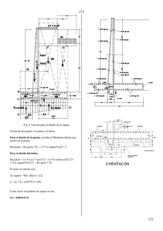 173
173
Fig. 8. Fuerzas para el diseño de la zapata.
Consta de dos partes: La punta y el talón:
Para el diseño de la punta, se halla el Momento último que
ocurre en la punta:
Mu punta = Ru punta *X2 - 1.2* w zapata*(m2)2
/ 2
Para el diseño del talón.-
Mu talon = 1.6 *w s/c * (m1)2
/2 + 1.6 *w relleno (X1)2
/2+
1.2*w zapata*(X1)2
/2 - Ru talon * X1
El acero se calcula con:
As zapata = Mu / fy( d - a/2)
a = As * fy / (0,85*f´c* a*b)
Como acero secundario de zapata se usa:
As = 0.0018 b*d
 