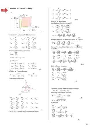 33
33
LA SOLUCION DE BOUSSINESQ
Componentes del tensor de deformaciones:
…(A)
Deformación unitaria de volumen:
Ley de Hooke:
…(B)
Módulos de Young y Poisson:
Ecuaciones de equilibrio:
…(C)
Con: A, B y C, resulta las Ecuaciones de Navier:
…(D)
Solución de Boussinesq:
Introduce una función potencial F:
…(F)
Reemplazando (F) en (E), resulta la Ec. de Laplace:
…(G)
Con las Ecs. (A), (B) y (G), resultan los esfuerzos
normales:
..(H)
Y los esfuerzos cortantes:
…(I)
De las dos últimas dos ecuaciones se obtiene:
Para carga concentrada se asume:
…(J)
Se deriva J:
…(K)
 