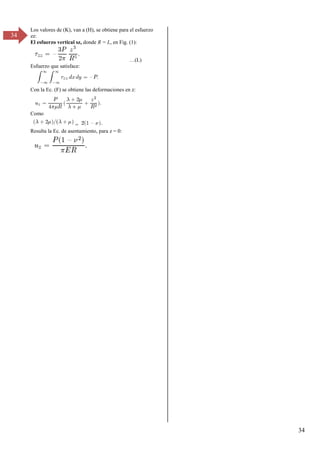 34
34
Los valores de (K), van a (H), se obtiene para el esfuerzo
zz:
El esfuerzo vertical sz, donde R = L, en Fig. (1):
…(L)
Esfuerzo que satisface:
Con la Ec. (F) se obtiene las deformaciones en z:
Como
=
Resulta la Ec. de asentamiento, para z = 0:
 