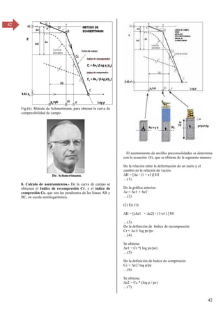42
42
Fig.(6). Método de Schmertmann, para obtener la curva de
compresibilidad de campo.
Dr. Schmertmann.
8. Calculo de asentamientos.- De la curva de campo se
obtienen el Indice de recompresión Cr, y el índice de
compresión Cc, que son las pendientes de las líneas AB y
BC, en escala semilogarítmica.
El asentamiento de arcillas preconsolidadas se determina
con la ecuación (8), que se obtiene de la siguiente manera:
De la relación entre la deformación de un suelo y el
cambio en la relación de vacíos:
ΔH = [Δe / (1 + e1)] H1
…(1)
De la gráfica anterior:
Δe = Δe1 + Δe2
…(β)
(2) En (1):
ΔH = [(Δe1 + Δe2) / (1+e1) ] H1
…(γ)
De la definición de Indice de recompresión:
Cr = Δe1/ log pc/po
…(4)
Se obtiene:
Δe1 = Cr *( log pc/po)
…(5)
De la definición de Indice de compresión:
Cc = Δe2/ log p/pc
…(6)
Se obtiene:
Δe2 = Cc * (log p / pc)
…(7)
 