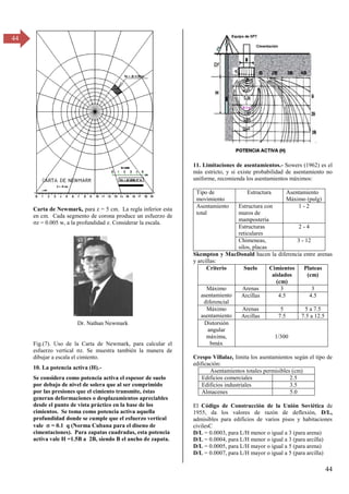 44
44
Carta de Newmark, para z = 5 cm. La regla inferior esta
en cm. Cada segmento de corona produce un esfuerzo de
z = 0.005 w, a la profundidad z. Considerar la escala.
Dr. Nathan Newmark
Fig.(7). Uso de la Carta de Newmark, para calcular el
esfuerzo vertical z. Se muestra también la manera de
dibujar a escala el cimiento.
10. La potencia activa (H).-
Se considera como potencia activa el espesor de suelo
por debajo de nivel de solera que al ser comprimido
por las presiones que el cimiento transmite, éstas
generan deformaciones o desplazamientos apreciables
desde el punto de vista práctico en la base de los
cimientos. Se toma como potencia activa aquella
profundidad donde se cumple que el esfuerzo vertical
vale  = 0.1 q (Norma Cubana para el diseno de
cimentaciones). Para zapatas cuadradas, esta potencia
activa vale H =1.5B a 2B, siendo B el ancho de zapata.
11. Limitaciones de asentamientos.- Sowers (1962) es el
más estricto, y si existe probabilidad de asentamiento no
uniforme, recomienda los asentamientos máximos:
Tipo de
movimiento
Estructura Asentamiento
Máximo (pulg)
Asentamiento
total
Estructura con
muros de
mampostería
1 - 2
Estructuras
reticulares
2 - 4
Chimeneas,
silos, placas
3 - 12
Skempton y MacDonald hacen la diferencia entre arenas
y arcillas:
Criterio Suelo Cimientos
aislados
(cm)
Plateas
(cm)
Máximo
asentamiento
diferencial
Arenas 3 3
Arcillas 4.5 4.5
Máximo
asentamiento
Arenas 5 5 a 7.5
Arcillas 7.5 7.5 a 12.5
Distorsión
angular
máxima,
bmáx
1/300
Crespo Villalaz, limita los asentamientos según el tipo de
edificación:
Asentamientos totales permisibles (cm)
Edificios comerciales 2.5
Edificios industriales 3.5
Almacenes 5.0
El Código de Construcción de la Unión Soviética de
1955, da los valores de razón de deflexión, D/L,
admisibles para edificios de varios pisos y habitaciones
civilesC
D/L = 0.0003, para L/H menor o igual a 3 (para arena)
D/L = 0.0004, para L/H menor o igual a 3 (para arcilla)
D/L = 0.0005, para L/H mayor o igual a 5 (para arena)
D/L = 0.0007, para L/H mayor o igual a 5 (para arcilla)
 