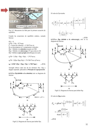 52
52
Fig. 6.2. Mecanismo de falla para la primera ecuación de
equilibrio.
Usando las ecuaciones de equilibrio estático, sumado
fuerzas:
ΣFy = 0
qd*B = 2 Pp + 2C*senφ
C = Fuerza de cohesión = c* (B/β*sec φ)
Pp se descompone en 3 componentes verticales:
Ppc = Debido a la cohesión actuante en CDE
Ppq = Debido a la sobrecarga *Z que actúa en AE
Pp = Debido al peso propio delosbloques de suelo.
qd*B = β (Ppc + Ppq + Pp ) + β*C*sen φ
qd*B = β(Ppc+Ppq+Pp ) + β*c*(B/β*sec φ)*sen φ
qd = (β/B)* (Ppc + Ppq + Pp + c*B/β*tgφ ) …(T.1)
Terzaghi obtuvo cada uno de los términos Ppc, Ppq y
Ppgpor separado, aplicando el Principio de superposición.
6.3.1Para Ppc(debido a la cohesión) este su diagrama de
fuerzas:
Fig(6.2). Diagrama de fuerzas para hallar Ppc.
El valor de Ppcresulta:
…(T.β)
6.3.2Para Ppq (debido a la sobrecarga), este es su
diagrama de fuerzas:
Fig(6.3). Diagrama de fuerzas para hallar Pqc.
El valor de Ppq resulta:
…(T.γ)
 