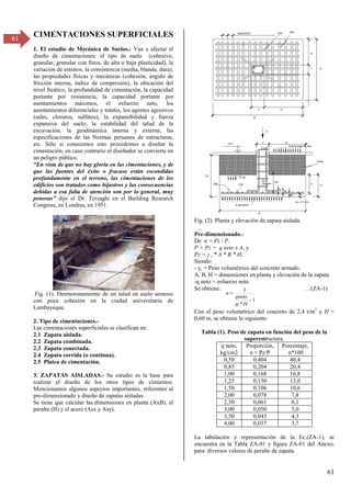 61
61
CIMENTACIONES SUPERFICIALES
1. El estudio de Mecánica de Suelos.- Van a afectar el
diseño de cimentaciones: el tipo de suelo (cohesivo,
granular, granular con finos, de alta o baja plasticidad), la
variación de estratos, la consistencia (media, blanda, dura),
las propiedades físicas y mecánicas (cohesión, ángulo de
fricción interna, índice de compresión), la ubicación del
nivel freático, la profundidad de cimentación, la capacidad
portante por resistencia, la capacidad portante por
asentamientos máximos, el esfuerzo neto, los
asentamientos diferenciales y totales, los agentes agresivos
(sales, cloruros, sulfatos), la expansibilidad y fuerza
expansiva del suelo, la estabilidad del talud de la
excavación, la geodinámica interna y externa, las
especificaciones de las Normas peruanas de estructuras,
etc. Sólo si conocemos esto procedemos a diseñar la
cimentación, en caso contrario el diseñador se convierte en
un peligro público.
“En vista de que no hay gloria en las cimentaciones, y de
que las fuentes del éxito o fracaso están escondidas
profundamente en el terreno, las cimentaciones de los
edificios son tratados como hijastros y las consecuencias
debidas a esa falta de atención son por lo general, muy
penosas” dijo el Dr. Terzaghi en el Building Research
Congress, en Londres, en 1951.
.Fig. (1). Desmoronamiento de un talud en suelo arenoso
con poca cohesión en la ciudad universitaria de
Lambayeque.
2. Tipo de cimentaciones.-
Las cimentaciones superficiales se clasifican en:
2.1 Zapata aislada.
2.2 Zapata combinada.
2.3 Zapata conectada.
2.4 Zapata corrida (o continua).
2.5 Platea de cimentación.
3. ZAPATAS AISLADAS.- Su estudio es la base para
realizar el diseño de los otros tipos de cimientos.
Mencionamos algunos aspectos importantes, referentes al
pre-dimensionado y diseño de zapatas aisladas.
Se tiene que calcular las dimensiones en planta (AxB), el
peralte (H) y el acero (Asx y Asy).
Fig. (2). Planta y elevación de zapata aislada.
Pre-dimensionado.-
De n = Pz / P,
P + Pz = q neto x A, y
Pz = γ c * A * B * H,
Siendo:
- c = Peso volumétrico del concreto armado.
A, B, H = dimensiones en planta y elevación de la zapata.
-q neto = esfuerzo neto
Se obtiene:
1
*
1


H
c
qneto
n

…(ZA-1)
Con el peso volumétrico del concreto de 2,4 t/m3
y H =
0,60 m, se obtiene lo siguiente:
Tabla (1). Peso de zapata en función del peso de la
superestructura.
q neto,
kg/cm2
Proporción,
n = Pz/P
Porcentaje,
n*100
0,50 0,404 40,4
0,85 0,204 20,4
1,00 0,168 16,8
1,25 0,130 13,0
1,50 0,106 10,6
2,00 0,078 7,8
2,50 0,061 6,1
3,00 0,050 5,0
3,50 0,043 4,3
4,00 0,037 3,7
La tabulación y representación de la Ec.(ZA-1), se
encuentra en la Tabla ZA-01 y figura ZA-01 del Anexo,
para diversos valores de peralte de zapata.
 