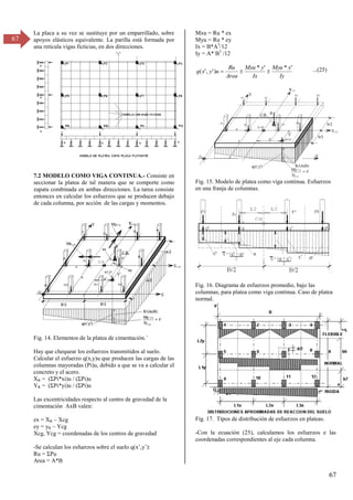 67
67
La placa a su vez se sustituye por un emparrillado, sobre
apoyos elásticos equivalente. La parilla está formada por
una retícula vigas ficticias, en dos direcciones.
7.2 MODELO COMO VIGA CONTINUA.- Consiste en
seccionar la platea de tal manera que se comporte como
zapata combinada en ambas direcciones. La tarea consiste
entonces en calcular los esfuerzos que se producen debajo
de cada columna, por acción de las cargas y momentos.
Fig. 14. Elementos de la platea de cimentación.´
Hay que chequear los esfuerzos transmitidos al suelo.
Calcular el esfuerzo q(x,y)u que producen las cargas de las
columnas mayoradas (Pi)u, debido a que se va a calcular el
concreto y el acero.
XR = (ΣPi*xi)u / (ΣPi)u
YR = (ΣPi*yi)u / (ΣPi)u
Las excentricidades respecto al centro de gravedad de la
cimentación AxB valen:
ex = XR – Xcg
ey = yR – Ycg
Xcg, Ycg = coordenadas de los centros de gravedad
-Se calculan los esfuerzos sobre el suelo q(x’,y’):
Ru = ΣPu
Area = A*B
Mxu = Ru * ex
Myu = Ru * ey
Ix = B*A3
/12
Iy = A* B3
/12
Iy
x
Myu
Ix
y
Mxu
Area
Ru
u
y
x
q
'
*
'
*
)
'
,
'
( 

 ...(25)
Fig. 15. Modelo de platea como viga continua. Esfuerzos
en una franja de columnas.
Fig. 16. Diagrama de esfuerzos promedio, bajo las
columnas, para platea como viga continua. Caso de platea
normal.
Fig. 17. Tipos de distribución de esfuerzos en plateas.
-Con la ecuación (25), calculamos los esfuerzos e las
coordenadas correspondientes al eje cada columna.
 