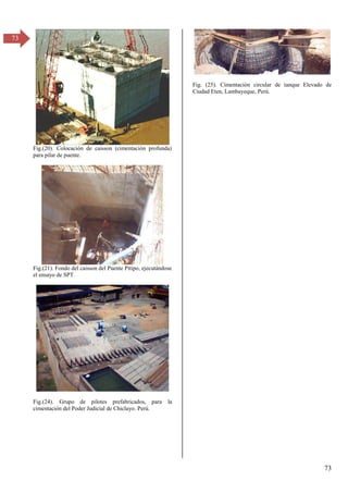 73
73
Fig.(20). Colocación de caisson (cimentación profunda)
para pilar de puente.
Fig.(21). Fondo del caisson del Puente Pítipo, ejecutándose
el ensayo de SPT.
Fig.(24). Grupo de pilotes prefabricados, para la
cimentación del Poder Judicial de Chiclayo. Perú.
Fig. (25). Cimentación circular de tanque Elevado de
Ciudad Eten, Lambayeque, Perú.
 