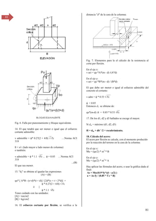 81
81
Fig. 6. Falla por punzonamiento y bloque equivalente.
14. El que tendrá que ser menor o igual que el esfuerzo
cortante admisible:
__
v admisible = * 0.27(2 + 4/ß)  f'c …σorma ACI
318
ß = s/t (lado mayor a lado menor de columna)
o también:
__
v admisible =  * 1.1 f'c ,  = 0.85 …σorma ACI
318
...(B)
El que sea menor.
15. "d2" se obtiene al igualar las expresiones
(A) = (B)
qu* [ A*B - (s+d)*(t + d)] / [2d*(s + t + 2*d)] =
 * 0.27(2 + 4/ß)  f'c
ó {
 * 1.1 f'c
Tener cuidado con las unidades:
[A] = ton/m2
[B] = kg/cm2
16. El esfuerzo cortante por flexión, se verifica a la
distancia "d" de la cara de la columna:
Fig. 7. Elementos para la el cálculo de la resistencia al
corte por flexión.
En el eje x:
v act = qu *A*(m - d) /(A*d)
En el eje y:
v act = qu *B*(m - d) / (B*d)
El que debe ser menor o igual al esfuerzo admisible del
concreto al cortante:
___
v adm =  * 0.53  f'c
 = 0.85
Entonces d3 se obtiene de:
__
qu*(m-d) /d = 0.85 * 0.53 f'c
17. De los d1, d2 y d3 hallados se escoge el mayor.
Si dm = máximo (d1, d2, d3)
H = dm + db``/2 + recubrimiento.
18. Cálculo del acero:
El acero por flexión se calcula, con el momento producido
por la reacción del terreno en la cara de la columna:
En el eje x:
Mu = (qu/2) * m2
* B
En el eje y:
Mu = (qu/2) * m2
* A
Hay aplicar las fórmulas del acero, o usar la gráfica dada al
final:
As = Mu/(0.9*fy*(d – a/2) )
a = As fy / (0.85 * f`c * B)
 