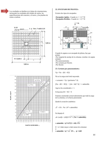85
85 Los resultados se detallan en el plano de cimentaciones,
incluyendo los resultados del estudio de suelos, las
especificaciones del concreto y el acero, y las pruebas de
rotura a realizar.
22. ENCEPADO DE PILOTES.-
Existen dos tipos de encepados:
-Encepados rígidos.- Cuando m <= 1,5 * H
-Encepados flexibles.- Cuando m > 1,5 * H
Cuando la zapata es un encepado de pilotes, hay que
probar:
-Por longitud de anclaje de la columna. (similar a la zapata
aislada)
-Por punzonamiento.
-Por cortante por flexión.
-Por flexión
23. Cortante por punzonamiento.-
Vp = Nu – (R1 + R2)
Nu es la carga axial total mayorada.
-v actuante = Vp / (perímetro * d)
[Nu – (R1 + R2)] / [(4s + 4d) * d] = v admisible
Aquí se ha considerado s = t
Si hacemos R1 = R2 = 0
Estamos asumiendo conservadoramente que toda la carga
de la columna, es la fuerza punzonante:
Queda la ecuación cuadrática:
.d2
+ s*d - Nu / (4* v admisible)
Se despeja d:
___________________
.d = (-s/2) + (1/2)* s2
+ (Nu / v admisible).
___
v admisible = * 0.27(2 + 4/ß)  f'c
ß = s/t (lado mayor a lado menor de columna)
ó __
v admisible =  * 1.1 f'c ,  = 0.85
 