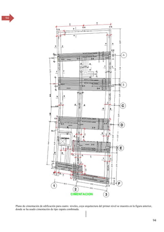 94
94
Plano de cimentación de edificación para cuatro niveles, cuya arquitectura del primer nivel se muestra en la figura anterior,
donde se ha usado cimentación de tipo zapata combinada.
 