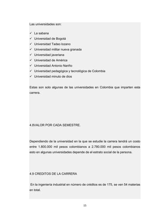 15 
Las universidades son:  La sabana  Universidad de Bogotá  Universidad Tadeo lozano  Universidad militar nueva granada  Universidad javeriana  Universidad de América  Universidad Antonio Nariño  Universidad pedagógica y tecnológica de Colombia  Universidad minuto de dios Estas son solo algunas de las universidades en Colombia que imparten esta carrera. 4.8VALOR POR CADA SEMESTRE. Dependiendo de la universidad en la que se estudie la carrera tendrá un costo entre 1.800.000 mil pesos colombianos a 2.780.000 mil pesos colombianos esto en algunas universidades depende de el estrato social de la persona. 4.9 CREDITOS DE LA CARRERA En la ingeniería industrial en número de créditos es de 175, se ven 54 materias en total.  