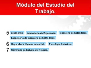 Ergonomía. Laboratorio de Ergonomía. Ingeniería de Estándares.
Laboratorio de Ingeniería de Estándares.
5
6
7
Seguridad e Higiene Industrial. Psicología Industrial.
Seminario de Estudio del Trabajo.
 