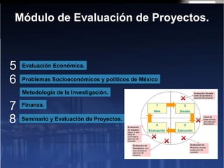 Evaluación Económica.
Problemas Socioeconómicos y políticos de México
Finanza.
Seminario y Evaluación de Proyectos.
5
6
7
8
Módulo de Evaluación de Proyectos.
Metodología de la Investigación.
 