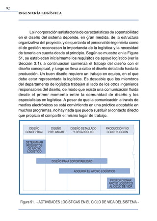 INGENIERÍA LOGÍSTICA
92
La incorporación satisfactoria de características de soportabilidad
en el diseño del sistema depende, en gran medida, de la estructura
organizativa del proyecto, y de que tanto el personal de ingeniería como
el de gestión reconozcan la importancia de la logística y la necesidad
de tenerla en cuenta desde el principio. Según se muestra en la Figura
51, se establecen inicialmente los requisitos de apoyo logístico (ver la
Sección 3.1), a continuación comienza el trabajo del diseño con el
diseño conceptual, y luego se lleva a cabo el diseño detallado hasta la
producción. Un buen diseño requiere un trabajo en equipo, en el que
debe estar representada la logística. Es deseable que los miembros
del departamento de logística trabajen al lado de los otros ingenieros
responsables del diseño, de modo que exista una comunicación fluida
desde el primer momento entre la comunidad de diseño y los
especialistas en logística. A pesar de que la comunicación a través de
medios electrónicos se está convirtiendo en una práctica aceptable en
muchos programas, no hay nada que pueda sustituir al contacto directo
que propicia el compartir el mismo lugar de trabajo.
 
