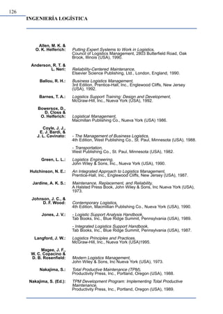 INGENIERÍA LOGÍSTICA
126
Allen, M. K. &
O. K. Helferich:
Anderson, R. T. &
L. Neri:
Ballou, R. H.:
Barnes, T. A.:
Bowersox, D.,
D. Closs &
O. Helferich:
Coyle, J. J.,
E. J. Bardi, &
J. L. Cavinato:
Green, L. L.:
Hutchinson, N. E.:
Jardine, A. K. S.:
Johnson, J. C., &
D. F. Wood:
Jones, J. V.:
Langford, J. W.:
Magee, J. F.,
W. C. Copacino &
D. B. Rosenfield:
Nakajima, S.:
Nakajima, S. (Ed.):
Putting Expert Systems to Work in Logistics,
Council of Logistics Management, 2803 Butterfield Road, Oak
Brook, Illinois (USA), 1990.
Reliability-Centered Maintenance,
Elsevier Science Publishing, Ltd., London, England, 1990.
Business Logistics Management,
3rd Edition, Prentice-Hall, Inc., Englewood Cliffs, New Jersey
(USA), 1992.
Logistics Support Training: Design and Development,
McGraw-Hill, Inc., Nueva York (USA), 1992.
Logistical Management,
Macmillan Publishing Co., Nueva York (USA) 1986.
- The Management of Business Logistics,
4th Edition, West Publishing Co., St. Paul, Minnesota (USA), 1988.
- Transportation,
West Publishing Co., St. Paul, Minnesota (USA), 1982.
Logistics Engineering,
John Wiley & Sons, Inc., Nueva York (USA), 1990.
An Integrated Approach to Logistics Management,
Prentice-Hall, Inc., Englewood Cliffs, New Jersey (USA), 1987.
Maintenance, Replacement, and Reliability,
A Halsted Press Book, John Wiley & Sons, Inc Nueva York (USA),
1973.
Contemporary Logistics,
4th Edition, Macmillian Publishing Co., Nueva York (USA), 1990.
- Logistic Support Analysis Handbook,
Tab Books, Inc., Blue Ridge Summit, Pennsylvania (USA), 1989.
- Integrated Logistics Support Handbook,
Tab Books, Inc., Blue Ridge Summit, Pennsylvania (USA), 1987.
Logistics Principles and Practices,
McGraw-Hill, Inc., Nueva York (USA)1995.
Modern Logistics Management,
John Wiley & Sons, Inc Nueva York (USA), 1973.
Total Productive Maintenance (TPM),
Productivity Press, Inc., Portland, Oregon (USA), 1988.
TPM Development Program: Implementing Total Productive
Maintenance,
Productivity Press, Inc., Portland, Oregon (USA), 1989.
 