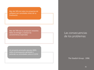 Las consecuencias
de los problemas
Mas del 30% de todos los proyectos de
software son cancelados antes de su
finalización
Mas del 70% de los proyectos restantes
fallan al entregar y evaluar las
características esperadas
Un proyecto promedio ejecuta 189%
sobre el presupuesto aprobado y
extiende sus actividades sobre el 222%
The Stadish Group · 1996
 