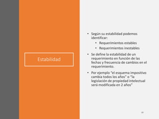 Estabilidad
• Según su estabilidad podemos
identificar:
• Requerimientos estables
• Requerimientos inestables
• Se define la estabilidad de un
requerimiento en función de las
fechas y frecuencia de cambios en el
requerimiento.
• Por ejemplo “el esquema impositivo
cambia todos los años” o “la
legislación de propiedad intelectual
será modificada en 2 años”
 