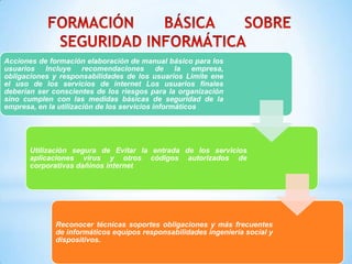 Acciones de formación elaboración de manual básico para los
usuarios Incluye recomendaciones de la empresa,
obligaciones y responsabilidades de los usuarios Limite ene
el uso de los servicios de internet Los usuarios finales
deberían ser conscientes de los riesgos para la organización
sino cumplen con las medidas básicas de seguridad de la
empresa, en la utilización de los servicios informáticos




       Utilización segura de Evitar la entrada de los servicios
       aplicaciones virus y otros códigos autorizados de
       corporativas dañinos internet




              Reconocer técnicas soportes obligaciones y más frecuentes
              de informáticos equipos responsabilidades ingeniería social y
              dispositivos.
 