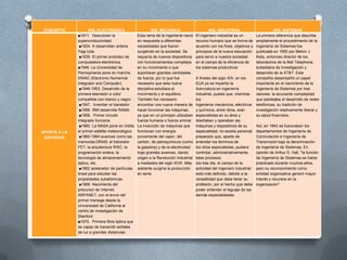 CONCEPTO ING. ELECTRONICA ING. MECANICA ING. INDUSTRIAL ING. SISTEMAS
APORTE A LA
SOCIEDAD
■1911. Descubren la
superconductividad
■1924. A desarrollan antena
Yagi-Uda.
■1939. El primer prototipo de
computadora electrónica
■1946. La Universidad de
Pennsylvania pone en marcha
ENIAC (Electronic Numerical
Integrator and Computer).
■1946-1953. Desarrollo de la
primera televisión a color
compatible con blanco y negro.
■1947. Inventan el transistor
■1956. IBM desarrolla RAMA
■1958. Primer circuito
integrado funciona
■1960. La NASA pone en órbita
el primer satélite meteorológico
■1960-1984.avances como las
memorias DRAM, el transistor
FET, la arquitectura RISC, la
programación entera, la
tecnología de almacenamiento
óptico, etc.
■1962 acelerador de partículas
lineal para estudiar las
propiedades subatómicas.
■1969. Nacimiento del
precursor de Internet,
ARPANET, con el envío del
primer mensaje desde la
Universidad de California al
centro de investigación de
Stanford.
■1970. Primera fibra óptica que
es capaz de transmitir señales
de luz a grandes distancias.
Esta rama de la ingeniería nació
en respuesta a diferentes
necesidades que fueron
surgiendo en la sociedad. Se
requería de nuevos dispositivos
con funcionamientos complejos
en su movimiento o que
soportaran grandes cantidades
de fuerza, por lo que fue
necesario que esta nueva
disciplina estudiara el
movimiento y el equilibrio.
También fue necesario
encontrar una nueva manera de
hacer funcionar las máquinas,
ya que en un principio utilizaban
fuerza humana o fuerza animal.
La invención de máquinas que
funcionan con energía
proveniente del vapor, del
carbón, de petroquímicos (como
la gasolina) y de la electricidad
trajo grandes avances, dando
origen a la Revolución Industrial
a mediados del siglo XVIII. Más
adelante surgiría la producción
en serie.
El ingeniero industrial es un
recurso humano que se forma de
acuerdo con los fines, objetivos y
principios de la nueva educación
para servir a nuestra sociedad
en el campo de la eficiencia de
los sistemas productivos
A finales del siglo XIX, en los
EUA ya se impartía la
licenciatura en ingeniería
industrial, puesto que, mientras
los
ingenieros mecánicos, eléctricos
y químicos, entre otros, eran
especialistas en su área y
diseñaban y operaban las
máquinas y dispositivos de su
especialidad, no existía personal
preparado que, aparte de
entender los términos de
los otros especialistas, pudiera
controlar, administrativamente,
tales procesos.
día tras día, el campo de la
actividad del ingeniero industrial
está más definido, debido a la
versatilidad que debe tener su
profesión, por el hecho que debe
poder entender el leguaje de las
demás especialidades
La primera referencia que describe
ampliamente el procedimiento de la
Ingeniería de Sistemas fue
publicada en 1950 por Melvin J.
Kelly, entonces director de los
laboratorios de la Bell Telephone,
subsidiaria de investigación y
desarrollo de la AT&T. Esta
compañía desempeñó un papel
importante en el nacimiento de la
Ingeniería de Sistemas por tres
razones: la acuciante complejidad
que planteaba el desarrollo de redes
telefónicas, su tradición de
investigación relativamente liberal y
su salud financiera.
Así, en 1943 se fusionaban los
departamentos de Ingeniería de
Conmutación e Ingeniería de
Transmisión bajo la denominación
de Ingeniería de Sistemas. En
opinión de Arthur D. Hall, "la función
de Ingeniería de Sistemas se había
practicado durante muchos años,
pero su reconocimiento como
entidad organizativa generó mayor
interés y recursos en la
organización".
 
