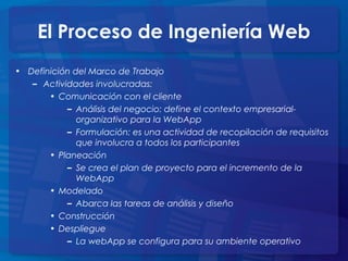 El Proceso de Ingeniería Web
• Definición del Marco de Trabajo
– Actividades involucradas:
• Comunicación con el cliente
– Análisis del negocio: define el contexto empresarial-
organizativo para la WebApp
– Formulación: es una actividad de recopilación de requisitos
que involucra a todos los participantes
• Planeación
– Se crea el plan de proyecto para el incremento de la
WebApp
• Modelado
– Abarca las tareas de análisis y diseño
• Construcción
• Despliegue
– La webApp se configura para su ambiente operativo
 